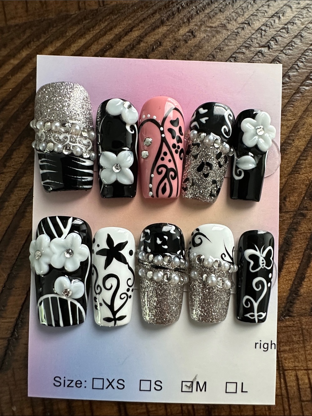 Black & White Floral Rhinestone Press-On Nail Set with Pink Accent